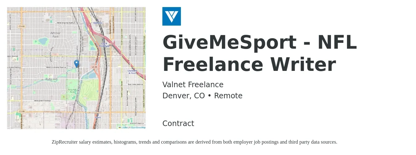 Valnet Freelance job posting for a GiveMeSport - NFL Freelance Writer in Denver, CO with a salary of $22 to $28 Hourly with a map of Denver location.