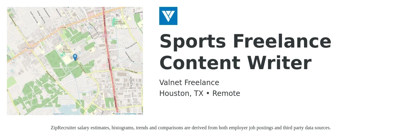 Valnet Freelance job posting for a Sports Freelance Content Writer in Houston, TX with a salary of $20 to $26 Hourly with a map of Houston location.