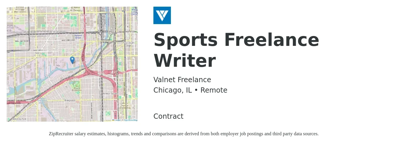 Valnet Freelance job posting for a Sports Freelance Writer in Chicago, IL with a salary of $22 to $28 Hourly with a map of Chicago location.