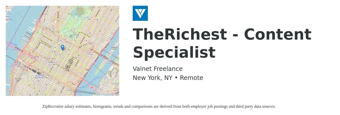 Valnet Freelance job posting for a TheRichest - Content Specialist in New York, NY with a salary of $25 to $41 Hourly with a map of New York location.