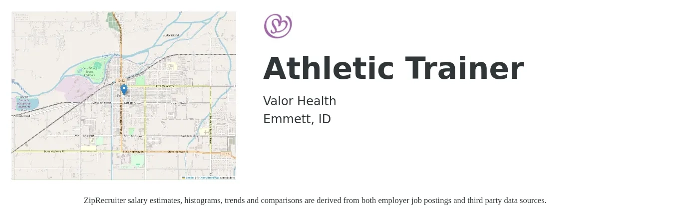 Valor Health job posting for a Athletic Trainer in Emmett, ID with a salary of $22 to $29 Hourly with a map of Emmett location.
