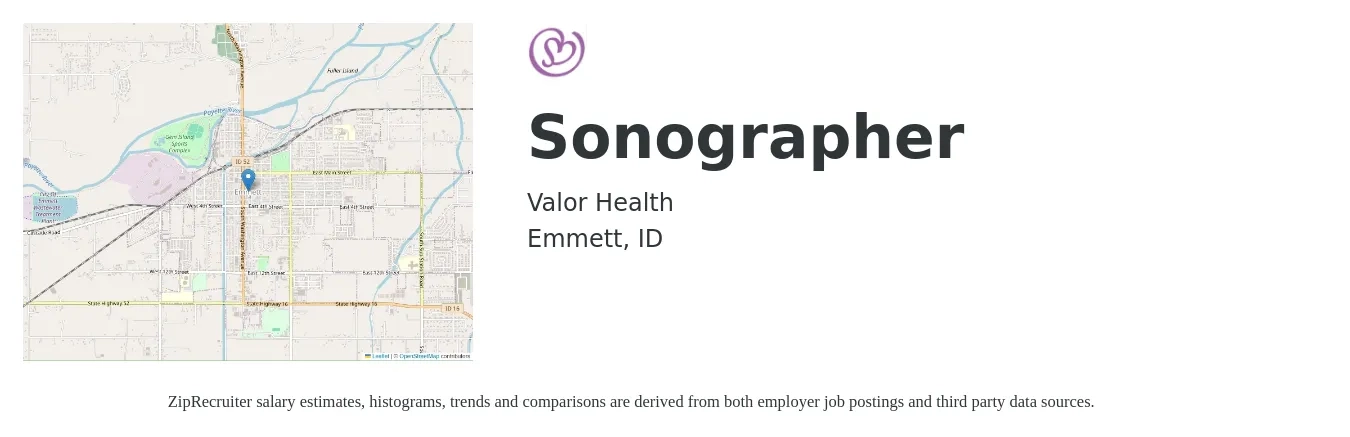 Valor Health job posting for a Sonographer in Emmett, ID with a salary of $1,540 to $2,600 Weekly with a map of Emmett location.