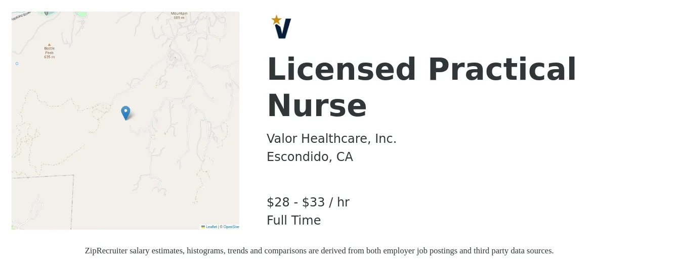 Valor Healthcare, Inc. job posting for a Licensed Practical Nurse in Escondido, CA with a salary of $30 to $35 Hourly with a map of Escondido location.