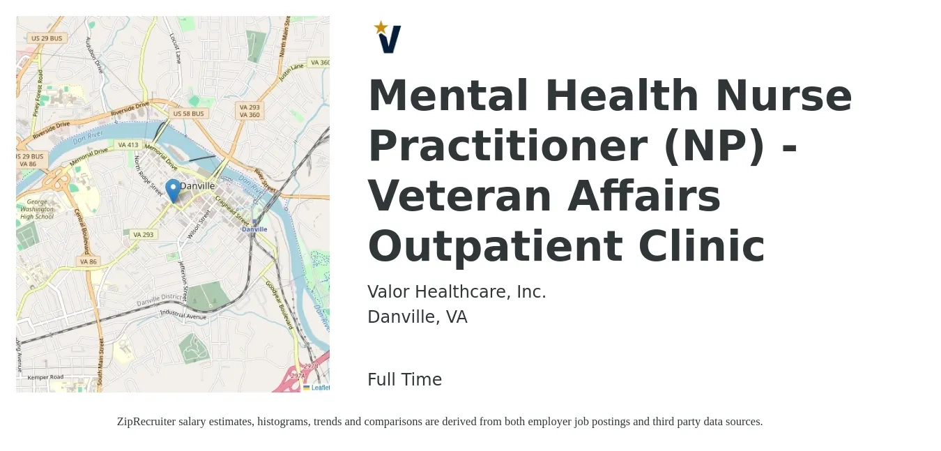 Valor Healthcare, Inc. job posting for a Mental Health Nurse Practitioner (NP) - Veteran Affairs Outpatient Clinic in Danville, VA with a salary of $100,300 to $139,300 Yearly with a map of Danville location.