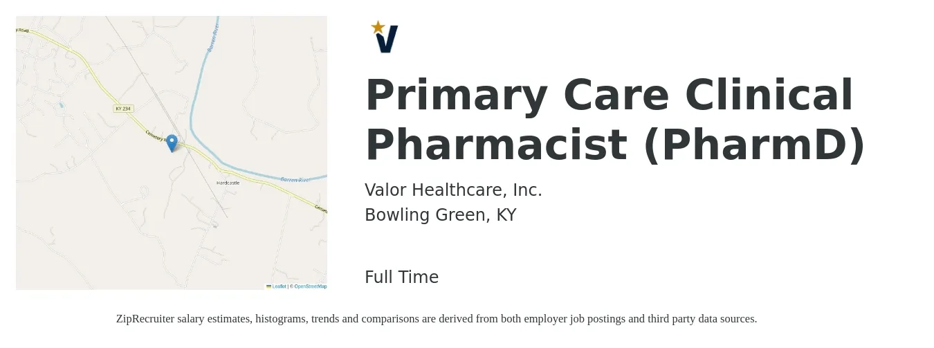 Valor Healthcare, Inc. job posting for a Primary Care Clinical Pharmacist (PharmD) in Bowling Green, KY with a salary of $116,200 to $138,700 Yearly with a map of Bowling Green location.