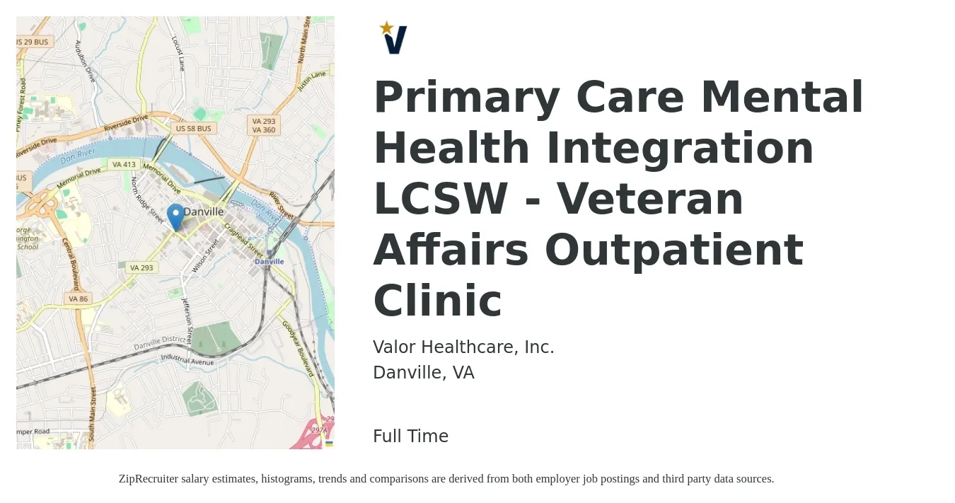 Valor Healthcare, Inc. job posting for a Primary Care Mental Health Integration LCSW - Veteran Affairs Outpatient Clinic in Danville, VA with a salary of $51,100 to $79,400 Yearly with a map of Danville location.