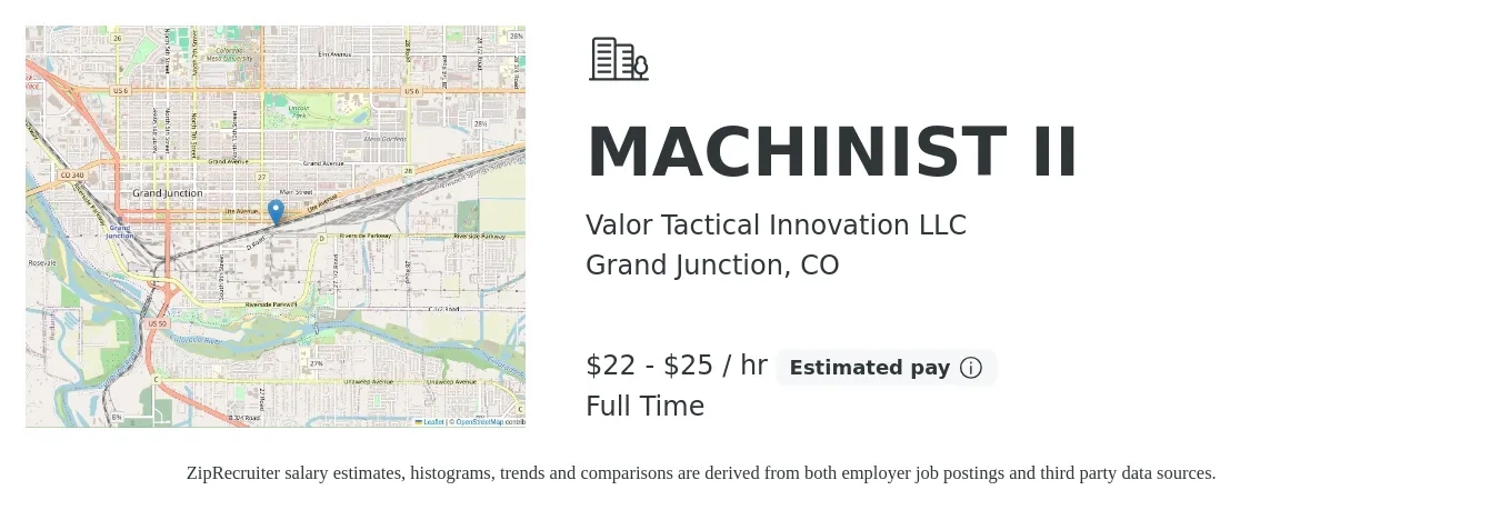 Valor Tactical Innovation LLC job posting for a MACHINIST II in Grand Junction, CO with a salary of $24 to $27 Hourly with a map of Grand Junction location.
