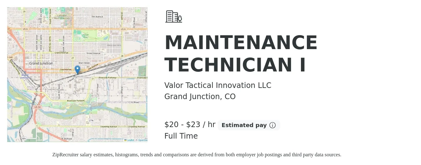 Valor Tactical Innovation LLC job posting for a MAINTENANCE TECHNICIAN I in Grand Junction, CO with a salary of $21 to $24 Hourly with a map of Grand Junction location.