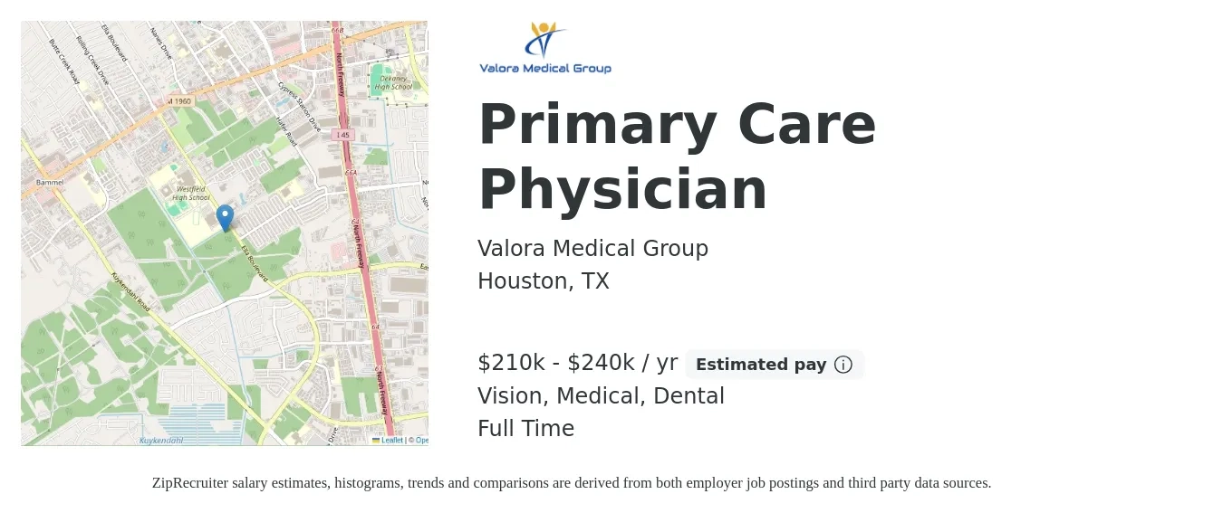 Valora Medical Group job posting for a Primary Care Physician in Houston, TX with a salary of $210,000 to $240,000 Yearly and benefits including dental, life_insurance, medical, pto, retirement, and vision with a map of Houston location.