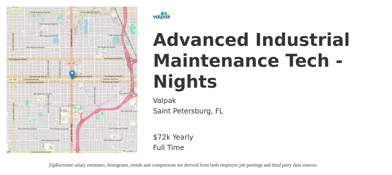 Valpak job posting for a Advanced Industrial Maintenance Tech - Nights in Saint Petersburg, FL with a salary of $72,500 Yearly with a map of Saint Petersburg location.