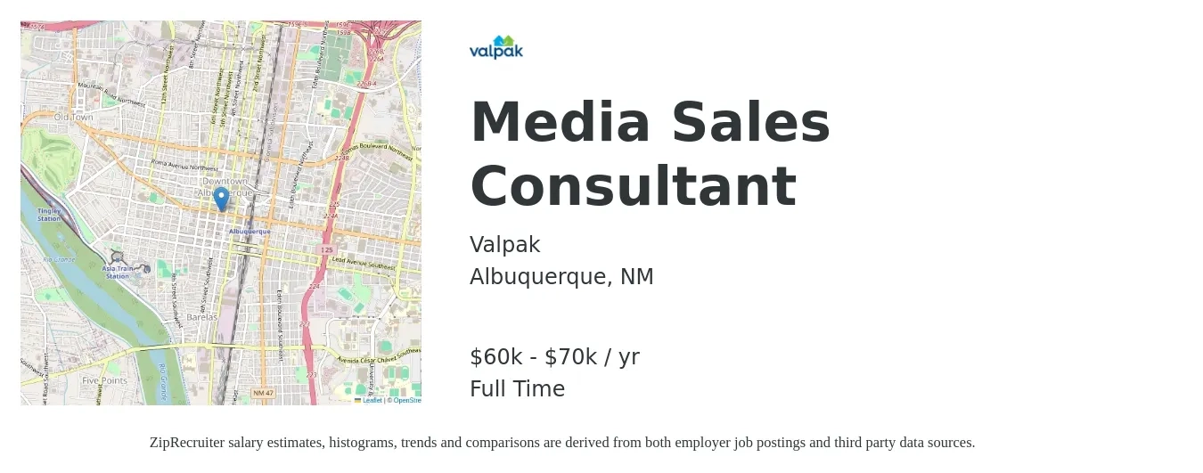 Valpak job posting for a Media Sales Consultant in Albuquerque, NM with a salary of $60,000 to $70,000 Yearly with a map of Albuquerque location.