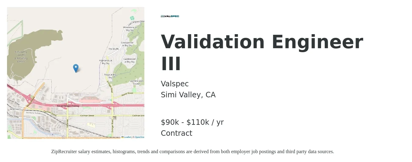 Valspec job posting for a Validation Engineer III in Simi Valley, CA with a salary of $90,000 to $110,000 Yearly with a map of Simi Valley location.