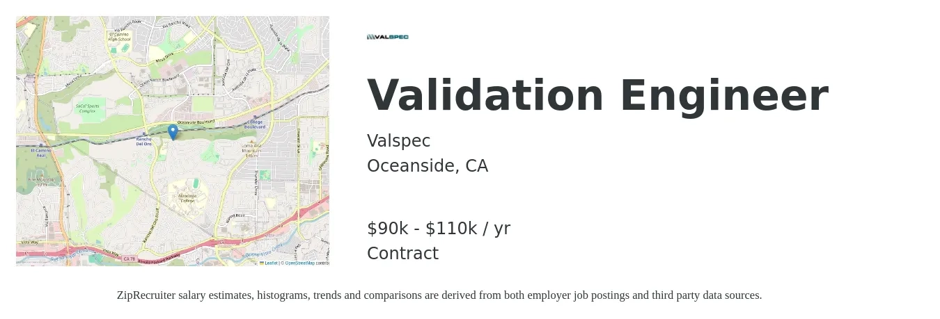 Valspec job posting for a Validation Engineer in Oceanside, CA with a salary of $90,000 to $110,000 Yearly with a map of Oceanside location.