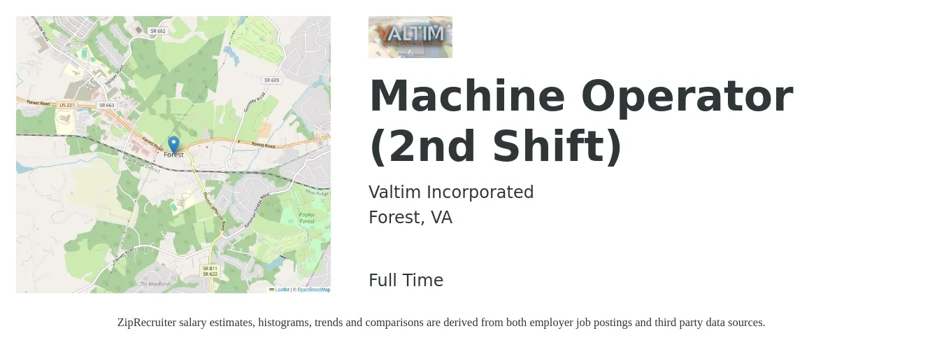 Valtim Incorporated job posting for a Machine Operator (2nd Shift) in Forest, VA with a salary of $14 to $17 Hourly with a map of Forest location.
