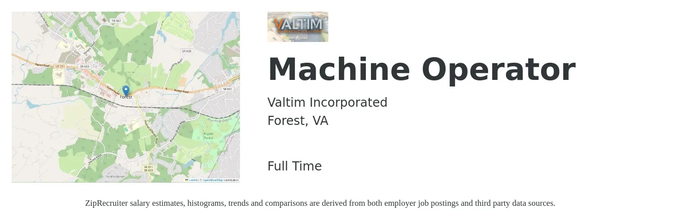 Valtim Incorporated job posting for a Machine Operator in Forest, VA with a salary of $14 to $17 Hourly with a map of Forest location.