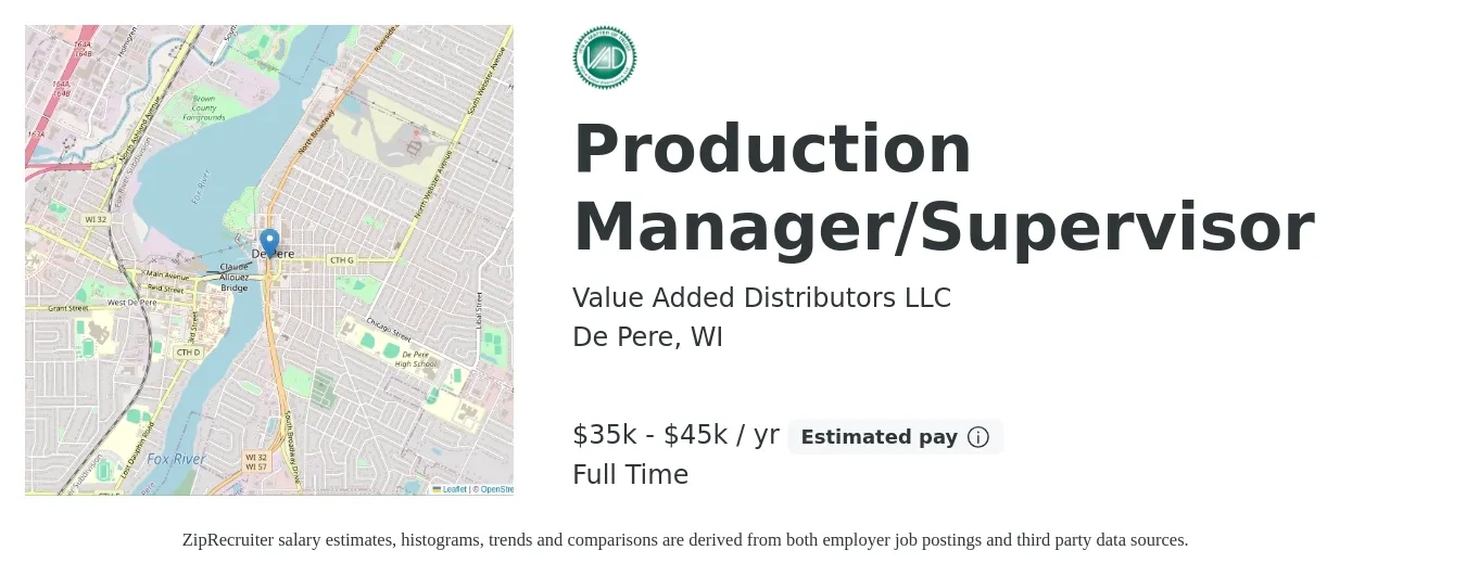 Value Added Distributors LLC job posting for a Production Manager/Supervisor in De Pere, WI with a salary of $35,000 to $45,000 Yearly with a map of De Pere location.