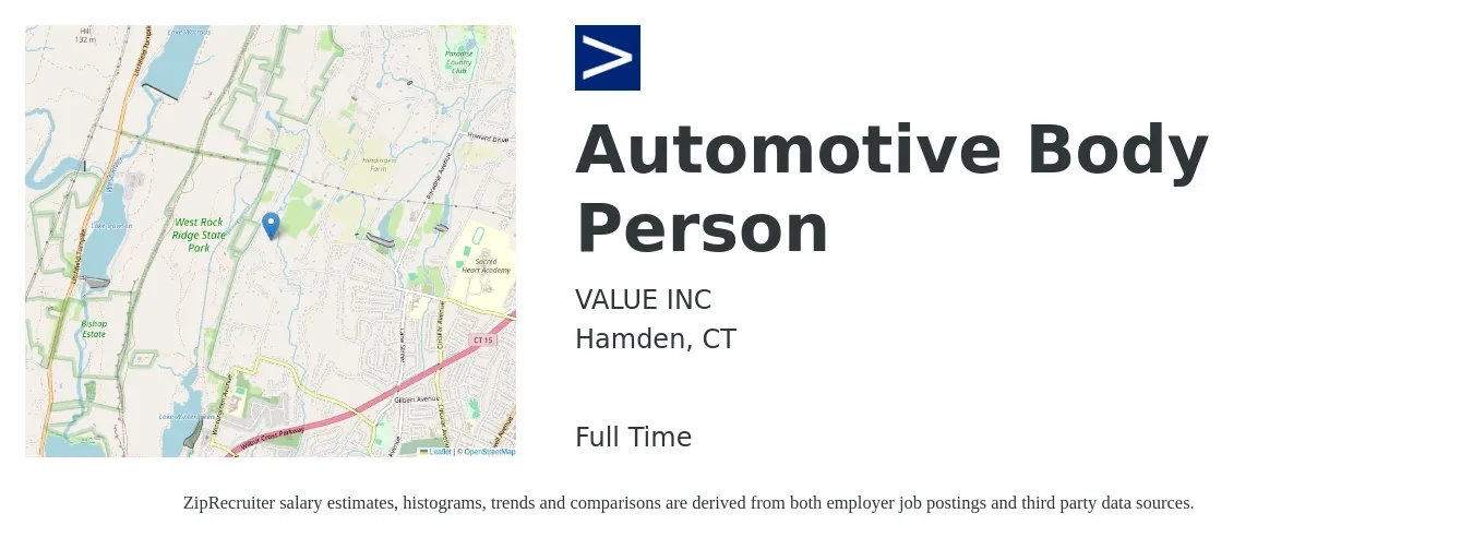 VALUE INC job posting for a Automotive Body Person in Hamden, CT with a salary of $21 to $33 Hourly with a map of Hamden location.