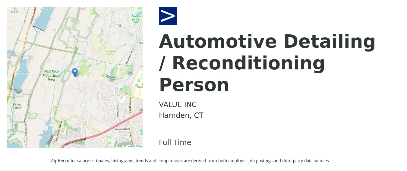 VALUE INC job posting for a Automotive Detailing / Reconditioning Person in Hamden, CT with a salary of $15 to $18 Hourly with a map of Hamden location.