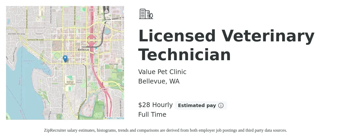 Value Pet Clinic job posting for a Licensed Veterinary Technician in Bellevue, WA with a salary of $30 Hourly with a map of Bellevue location.