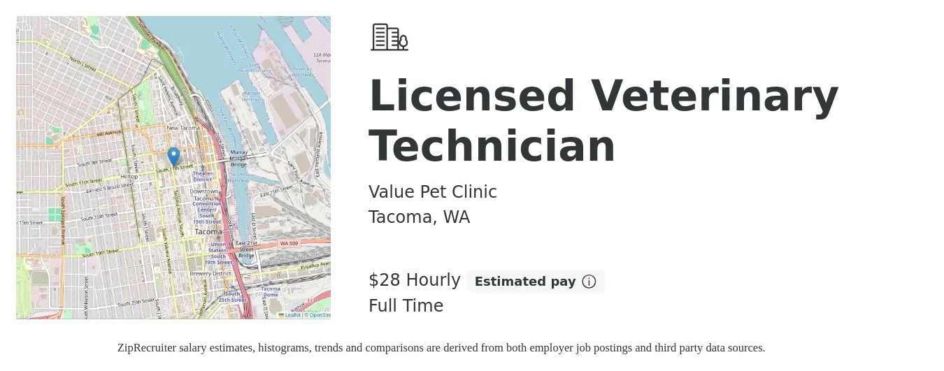 Value Pet Clinic job posting for a Licensed Veterinary Technician in Tacoma, WA with a salary of $30 Hourly with a map of Tacoma location.