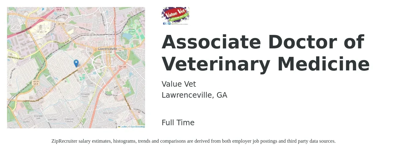 Value Vet job posting for a Associate Doctor of Veterinary Medicine in Lawrenceville, GA with a salary of $88,400 to $142,800 Yearly with a map of Lawrenceville location.