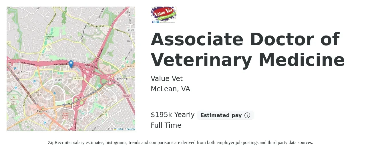Value Vet job posting for a Associate Doctor of Veterinary Medicine in McLean, VA with a salary of $195,000 Yearly with a map of McLean location.