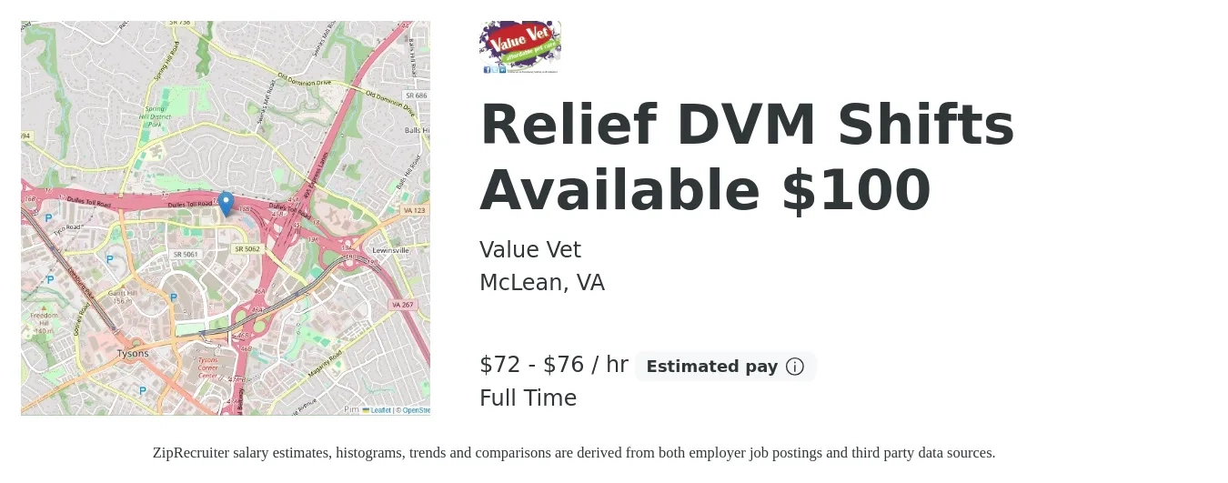 Value Vet job posting for a Relief DVM Shifts Available $100 in McLean, VA with a salary of $75 to $80 Hourly with a map of McLean location.