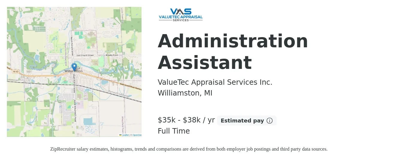 ValueTec Appraisal Services Inc. job posting for a Administration Assistant in Williamston, MI with a salary of $35,000 to $38,000 Yearly with a map of Williamston location.