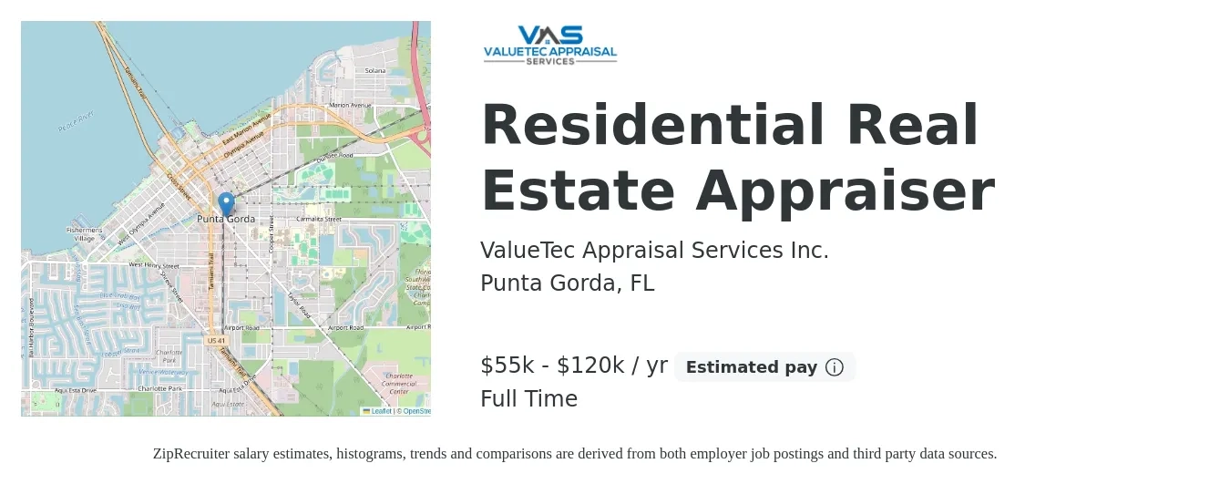 ValueTec Appraisal Services Inc. job posting for a Residential Real Estate Appraiser in Punta Gorda, FL with a salary of $55,000 to $120,000 Yearly with a map of Punta Gorda location.