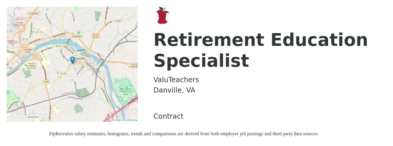 ValuTeachers job posting for a Retirement Education Specialist in Danville, VA with a salary of $65,000 Yearly with a map of Danville location.