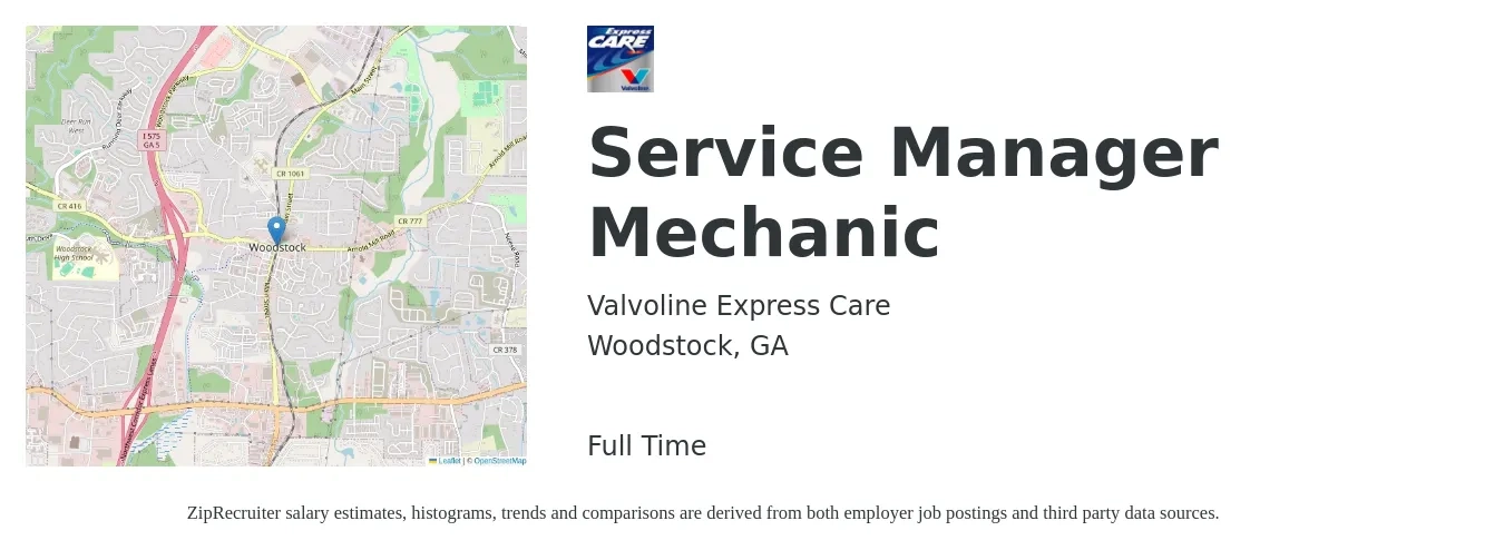 Valvoline Express Care job posting for a Service Manager Mechanic in Woodstock, GA with a salary of $50,000 to $90,000 Yearly with a map of Woodstock location.