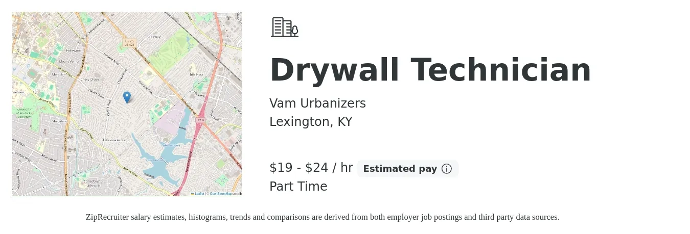 Vam Urbanizers job posting for a Drywall Technician in Lexington, KY with a salary of $20 to $25 Hourly with a map of Lexington location.