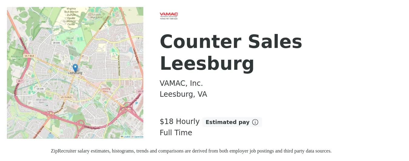 VAMAC, Inc. job posting for a Counter Sales Leesburg in Leesburg, VA with a salary of $19 Hourly with a map of Leesburg location.