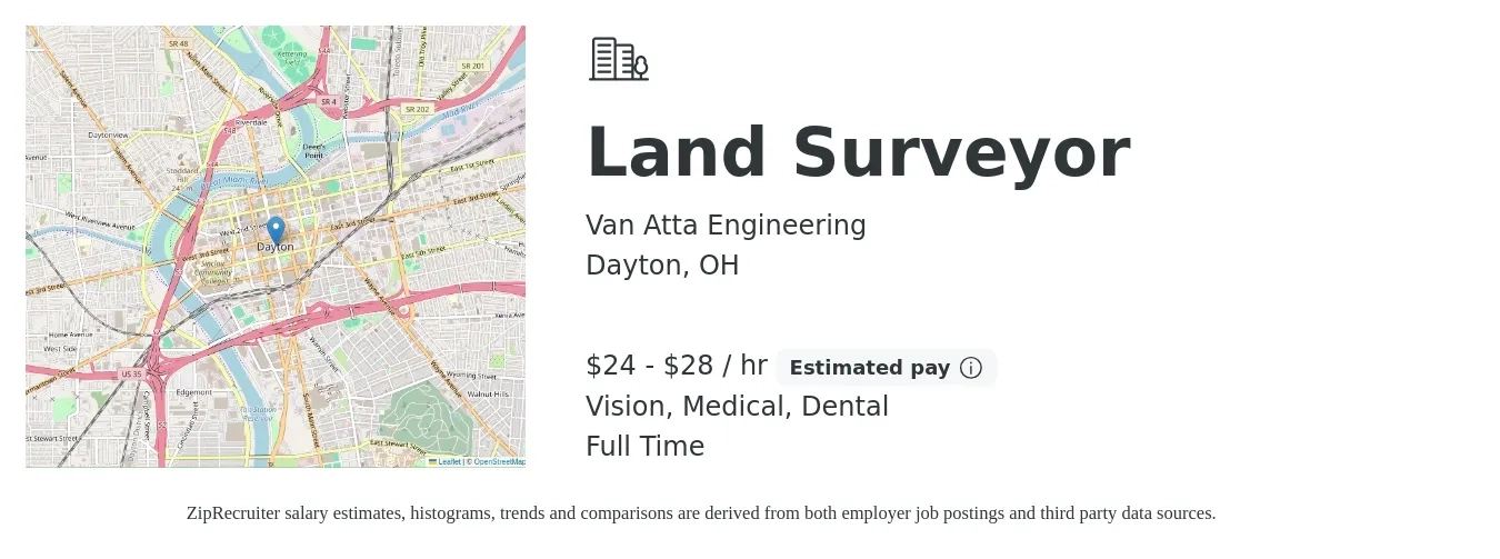 Van Atta Engineering job posting for a Land Surveyor in Dayton, OH with a salary of $25 to $30 Hourly and benefits including dental, medical, retirement, and vision with a map of Dayton location.