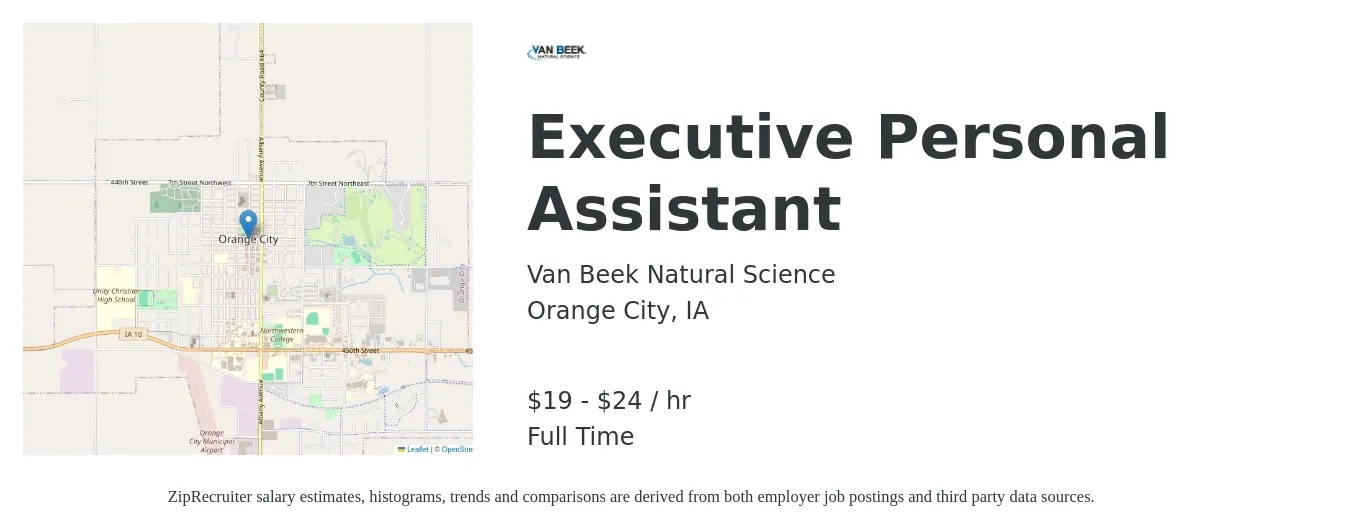 Van Beek Natural Science job posting for a Executive Personal Assistant in Orange City, IA with a salary of $20 to $25 Hourly with a map of Orange City location.
