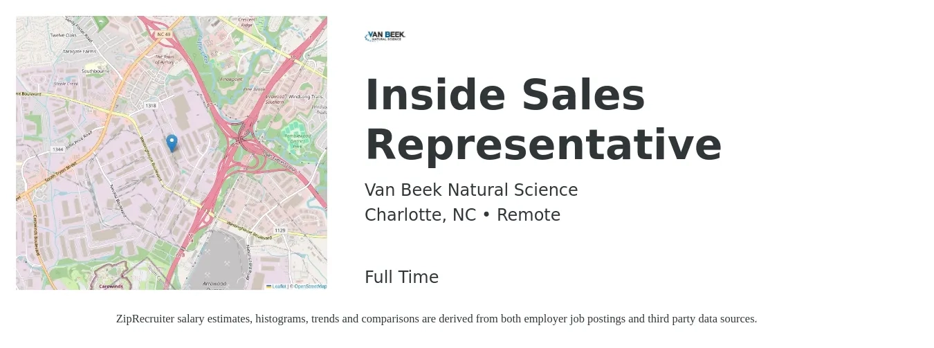 Van Beek Natural Science job posting for a Inside Sales Representative in Charlotte, NC with a salary of $38,600 to $57,600 Yearly with a map of Charlotte location.
