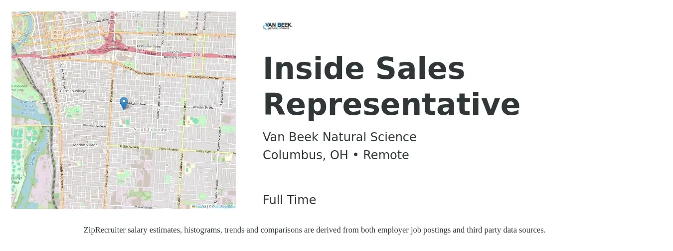 Van Beek Natural Science job posting for a Inside Sales Representative in Columbus, OH with a salary of $38,200 to $57,000 Yearly with a map of Columbus location.