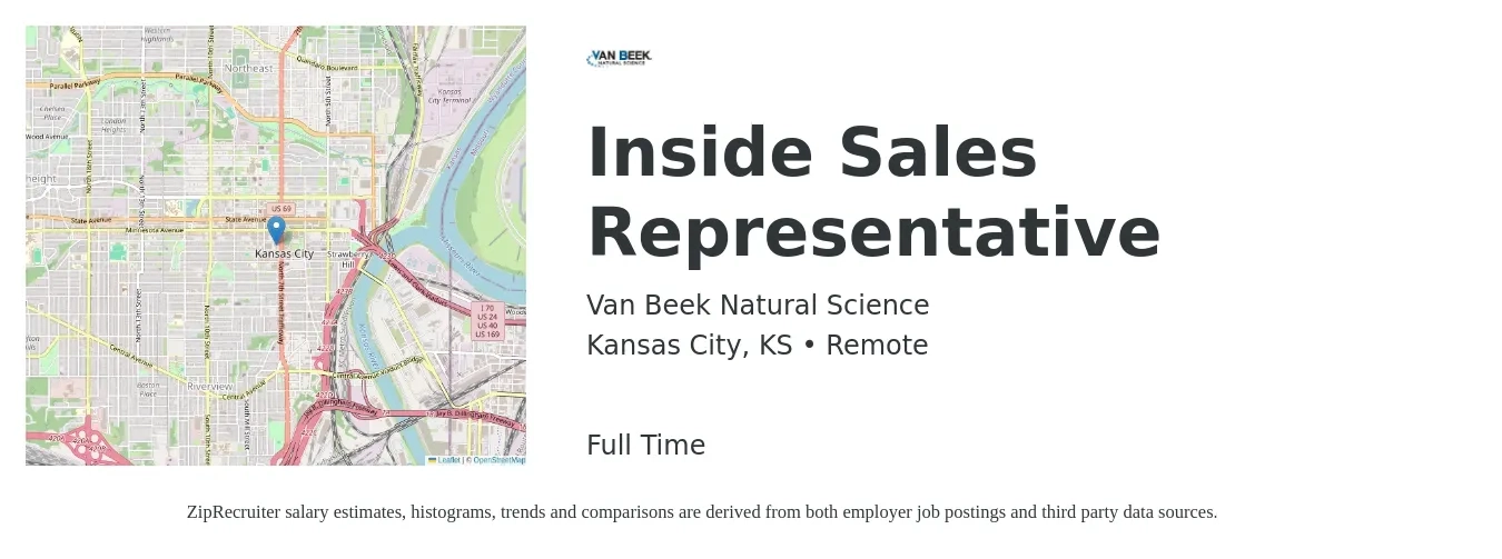 Van Beek Natural Science job posting for a Inside Sales Representative in Kansas City, KS with a salary of $38,100 to $56,900 Yearly with a map of Kansas City location.