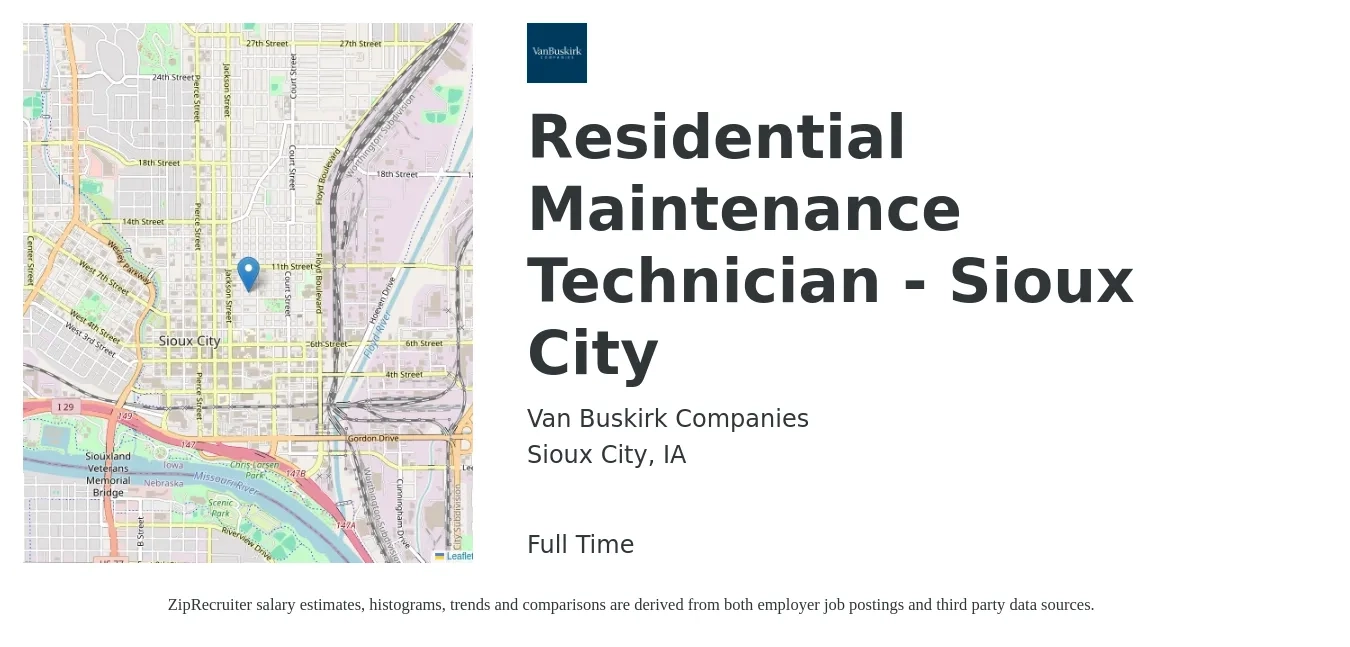 Van Buskirk Companies job posting for a Residential Maintenance Technician - Sioux City in Sioux City, IA with a salary of $19 to $26 Hourly with a map of Sioux City location.