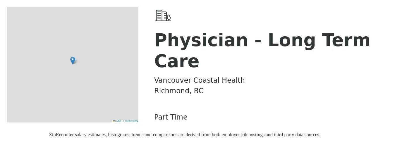 Vancouver Coastal Health job posting for a Physician - Long Term Care in Richmond, BC with a map of Richmond location.