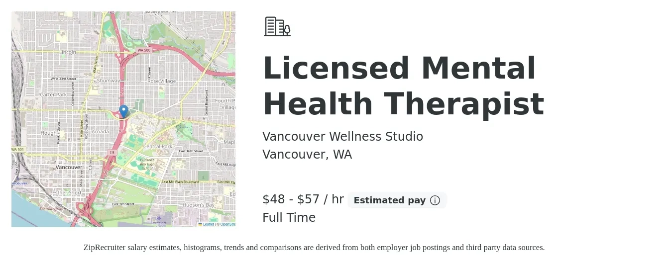 Vancouver Wellness Studio job posting for a Licensed Mental Health Therapist in Vancouver, WA with a salary of $50 to $60 Hourly with a map of Vancouver location.