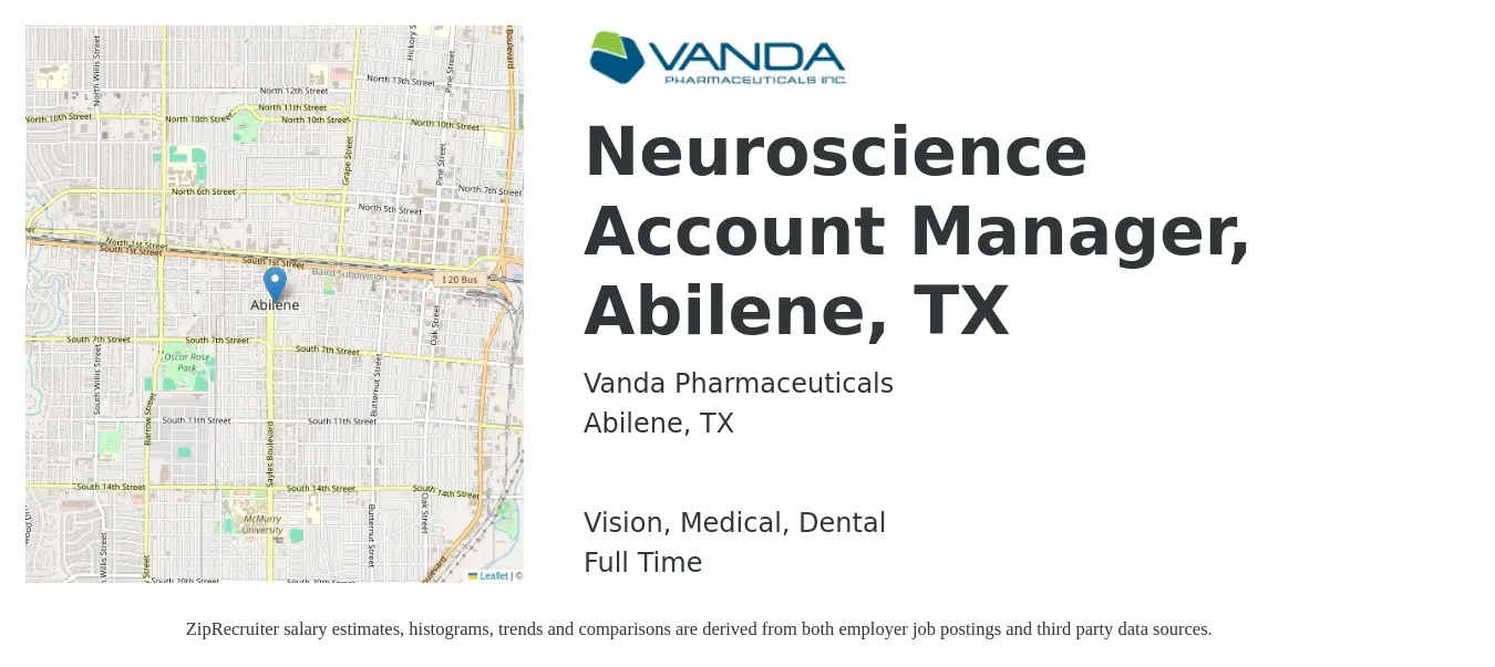 Vanda Pharmaceuticals job posting for a Neuroscience Account Manager, Abilene, TX in Abilene, TX with a salary of $46,500 to $76,000 Yearly and benefits including dental, life_insurance, medical, pto, retirement, and vision with a map of Abilene location.
