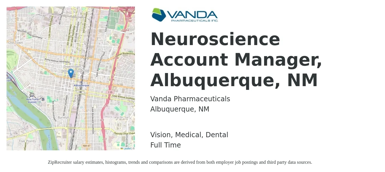 Vanda Pharmaceuticals job posting for a Neuroscience Account Manager, Albuquerque, NM in Albuquerque, NM with a salary of $46,500 to $76,100 Yearly and benefits including dental, life_insurance, medical, pto, retirement, and vision with a map of Albuquerque location.