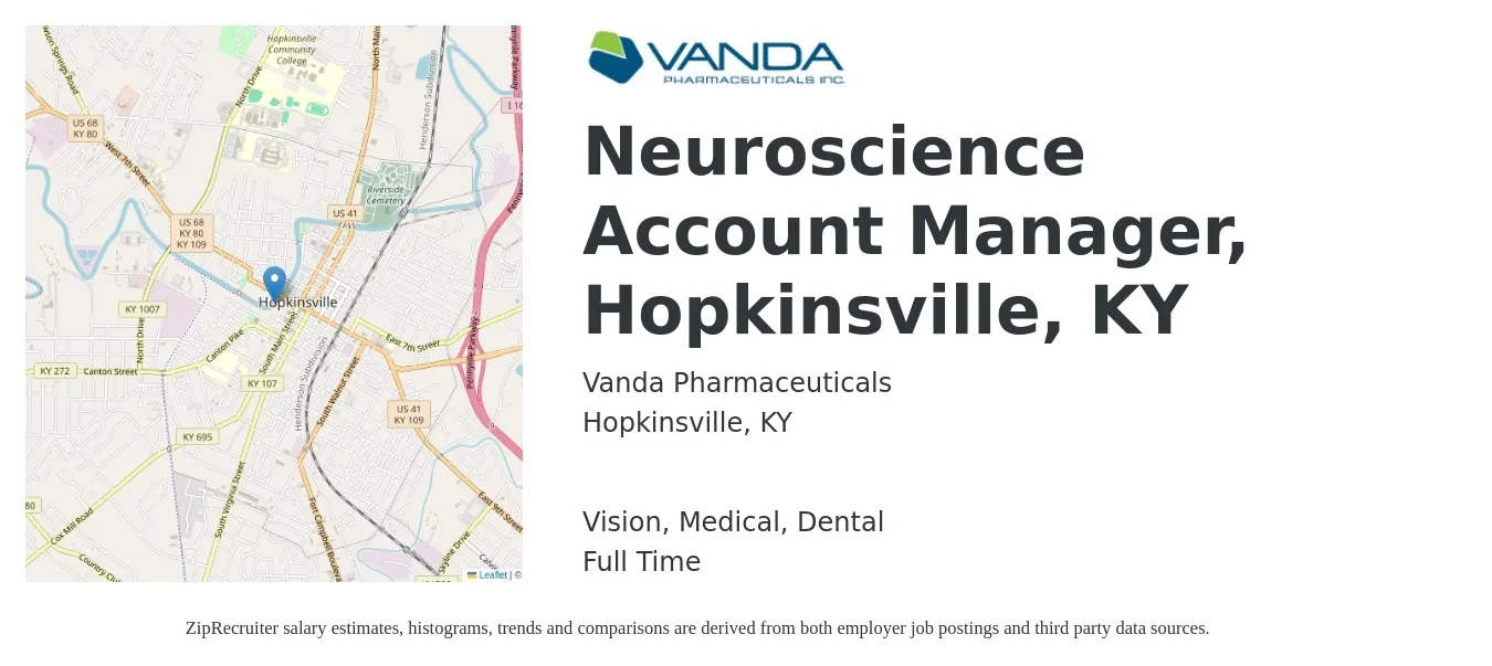 Vanda Pharmaceuticals job posting for a Neuroscience Account Manager, Hopkinsville, KY in Hopkinsville, KY with a salary of $48,100 to $78,700 Yearly and benefits including retirement, vision, dental, life_insurance, medical, and pto with a map of Hopkinsville location.