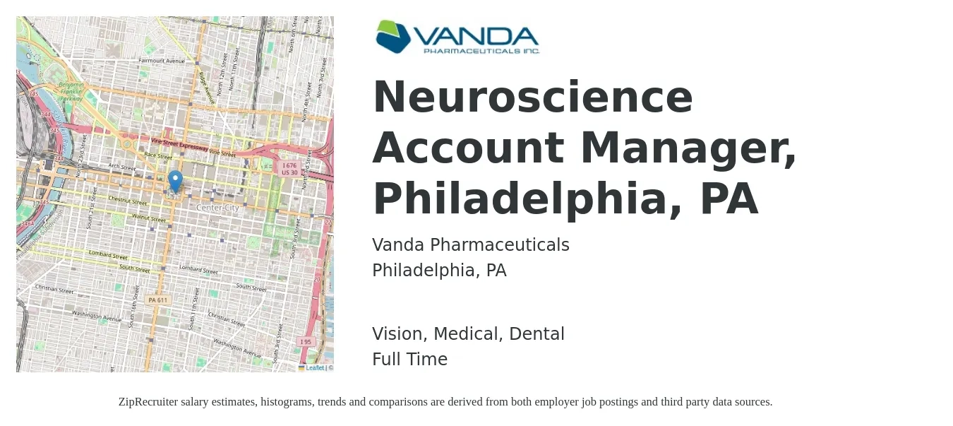 Vanda Pharmaceuticals job posting for a Neuroscience Account Manager, Philadelphia, PA in Philadelphia, PA with a salary of $48,400 to $79,200 Yearly and benefits including dental, life_insurance, medical, pto, retirement, and vision with a map of Philadelphia location.