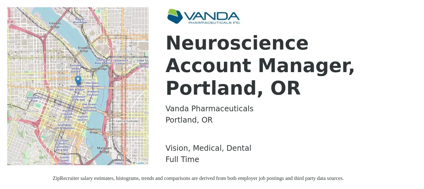Vanda Pharmaceuticals job posting for a Neuroscience Account Manager, Portland, OR in Portland, OR with a salary of $50,900 to $83,200 Yearly and benefits including dental, life_insurance, medical, pto, retirement, and vision with a map of Portland location.