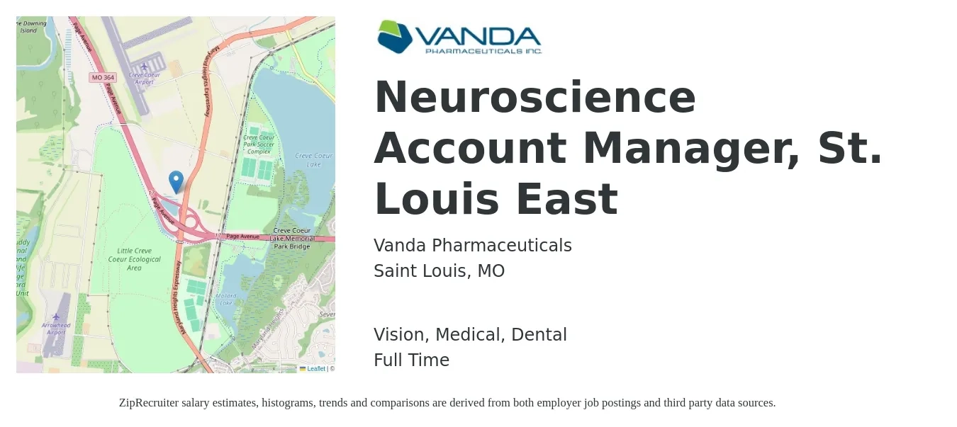 Vanda Pharmaceuticals job posting for a Neuroscience Account Manager, St. Louis East in Saint Louis, MO with a salary of $46,700 to $76,300 Yearly and benefits including vision, dental, life_insurance, medical, pto, and retirement with a map of Saint Louis location.