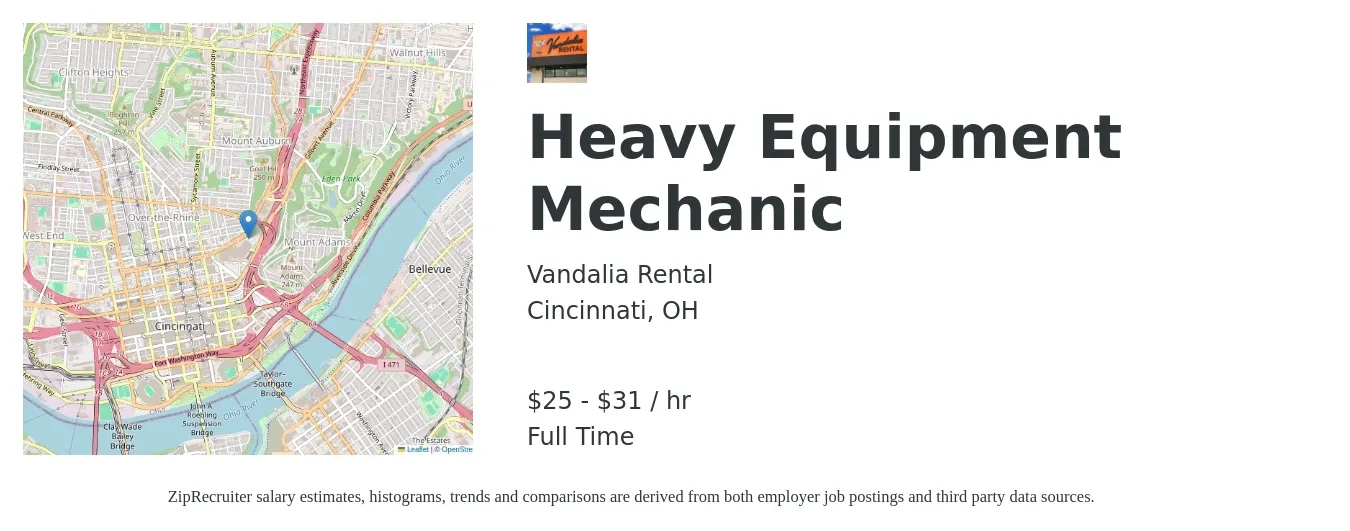 Vandalia Rental job posting for a Heavy Equipment Mechanic in Cincinnati, OH with a salary of $26 to $33 Hourly with a map of Cincinnati location.