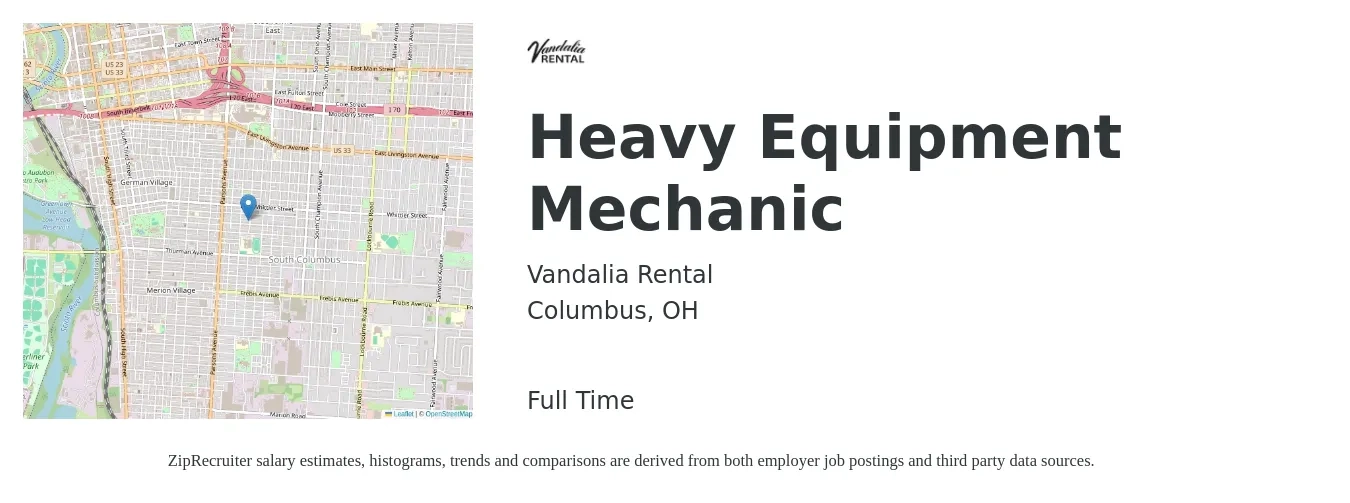 Vandalia Rental job posting for a Heavy Equipment Mechanic in Columbus, OH with a salary of $26 to $33 Hourly with a map of Columbus location.