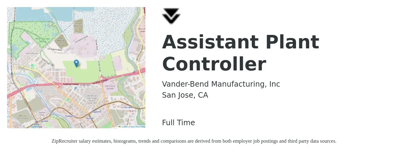 Vander-Bend Manufacturing, Inc job posting for a Assistant Plant Controller in San Jose, CA with a salary of $80,500 to $131,600 Yearly with a map of San Jose location.